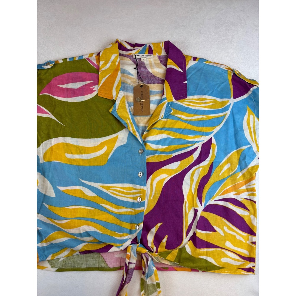 Christian Siriano New York XL Linen Blend Floral Print Tie-Front Button Down New - Picture 2 of 9